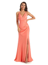 Elegant Soft Satin Side Slit Spaghetti Straps V-neck Long Mermaid Prom Dresses Online