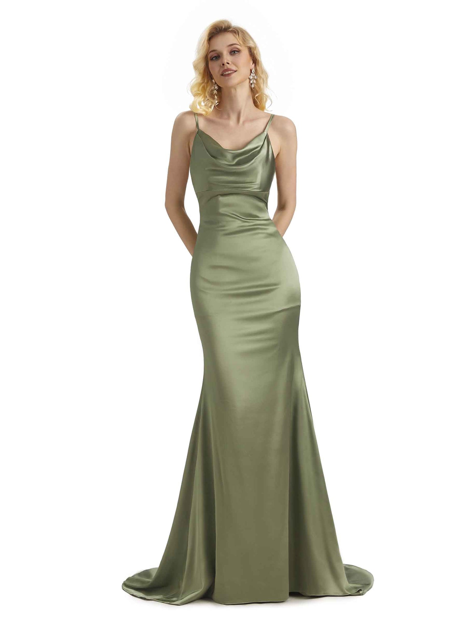 Elegant Soft Satin Cowl Neck Criss Cross Long Mermaid Curve Dresses For Wedding Guest