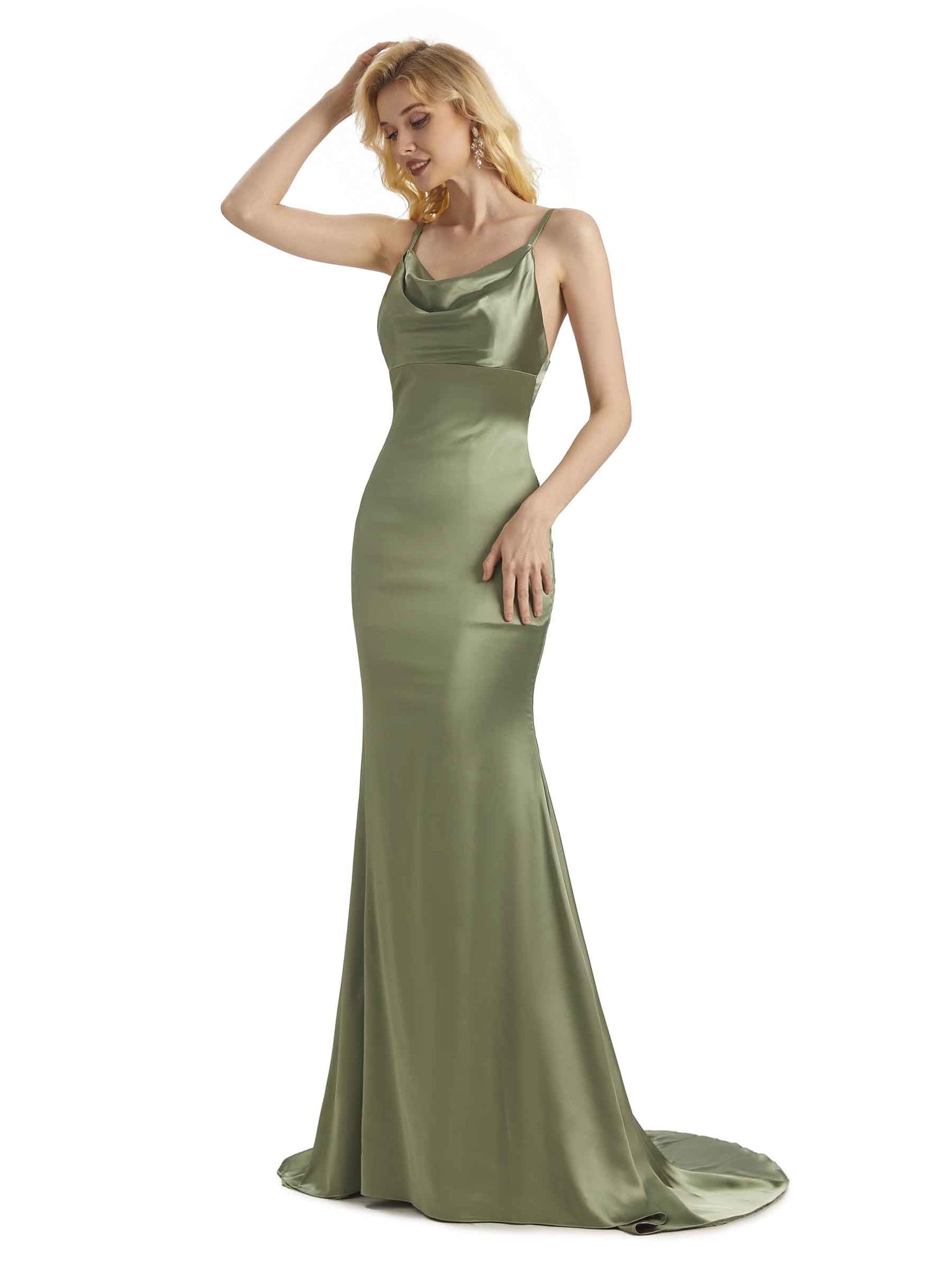 Elegant Soft Satin Cowl Neck Criss Cross Long Mermaid Curve Dresses For Wedding Guest
