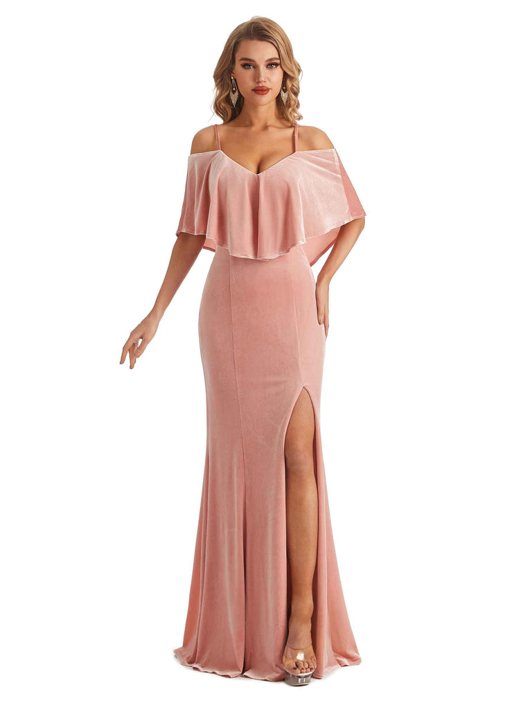cold shoulder dresses for wedding guest ChicSew Evening Gown For Wedding Guest Elegant Mermaid Cold Shoulder Velvet Winter Long Wedding Guest Dresses, Pink