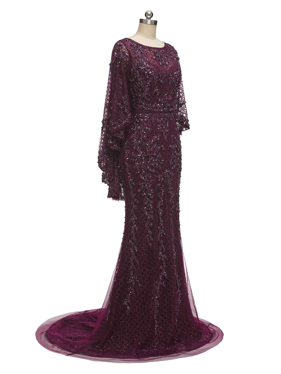 Gorgeous Maroon Mermaid Scoop Long Sleeves Long Evening Prom Dresses