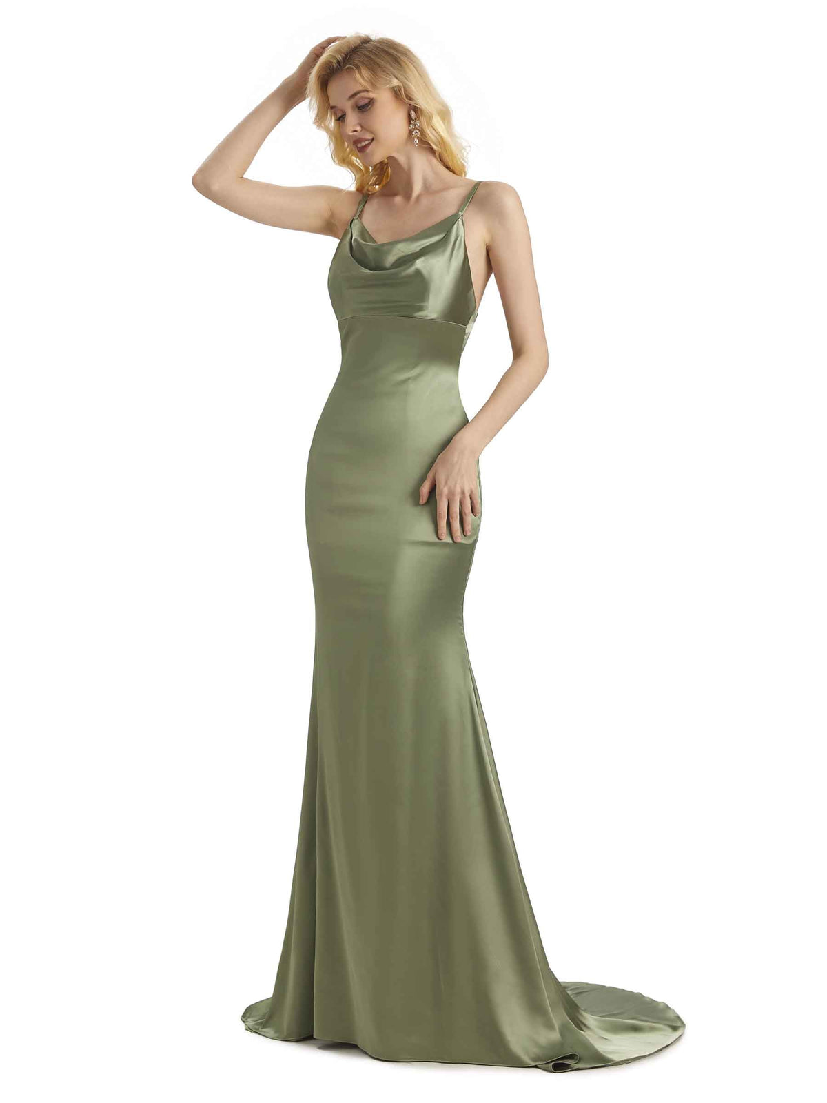 Elegant Soft Satin Cowl Neck Criss Cross Long Mermaid Bridesmaid Dresses Online
