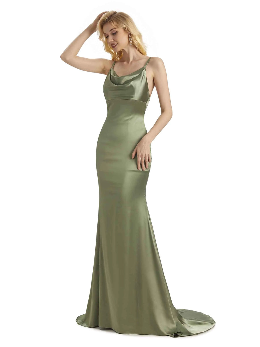 Elegant Soft Satin Cowl Neck Criss Cross Long Mermaid Prom Dresses Online