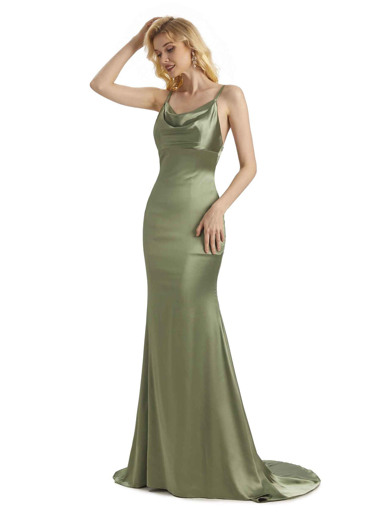 Elegant Soft Satin Cowl Neck Criss Cross Long Mermaid Bridesmaid Dresses Online
