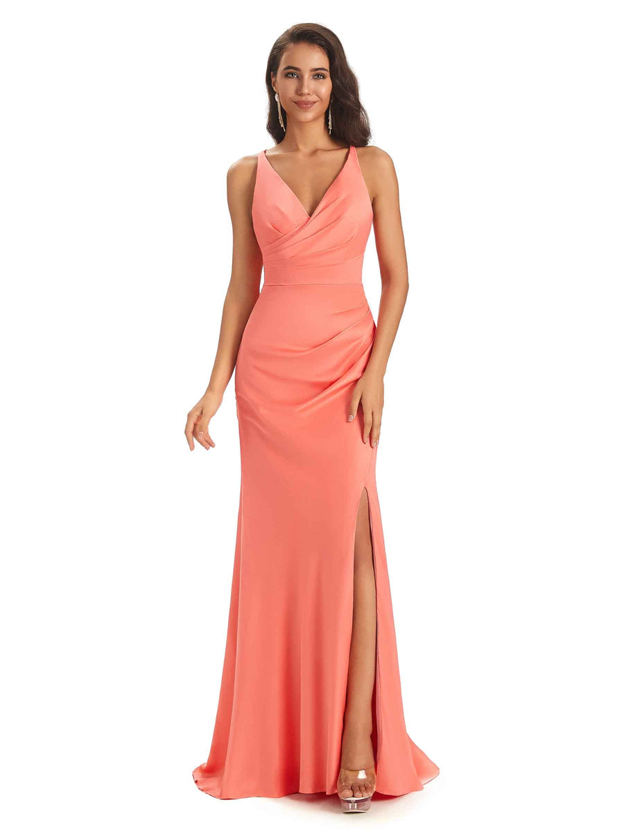 Elegant Soft Satin Side Slit Spaghetti Straps Wrap Long Mermaid Prom Dresses Sale