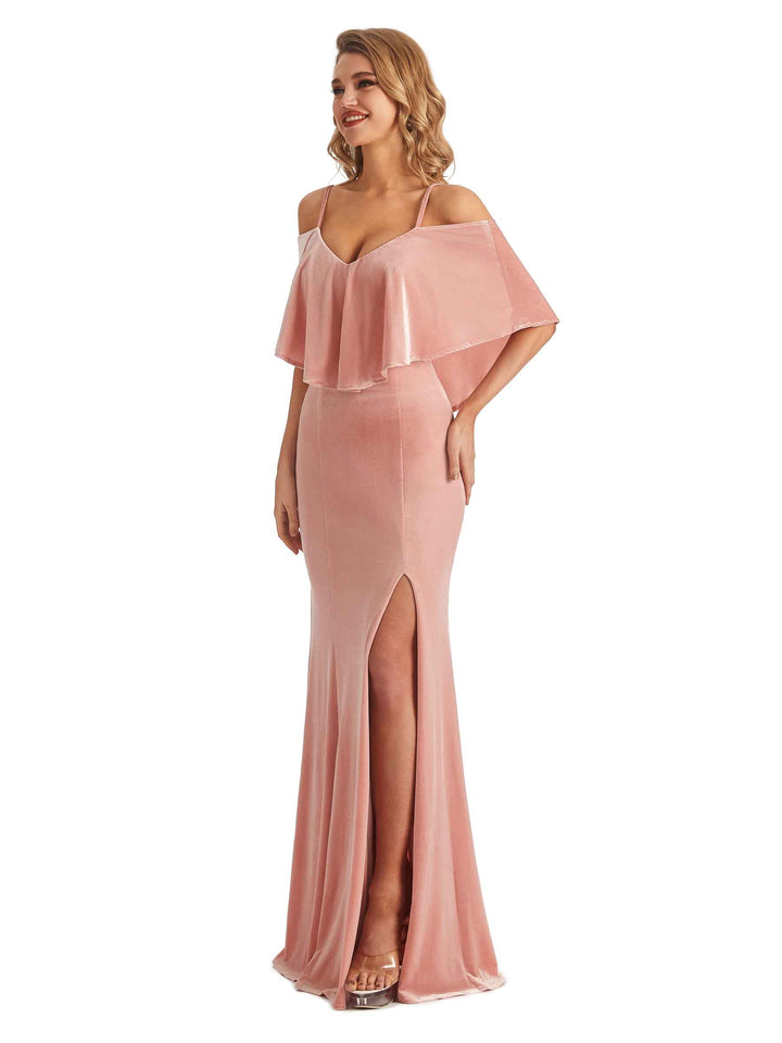 Elegant Mermaid Cold Shoulder Velvet Winter Long Wedding Guest Dresses