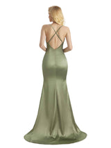 Elegant Soft Satin Cowl Neck Criss Cross Long Mermaid Bridesmaid Dresses Online