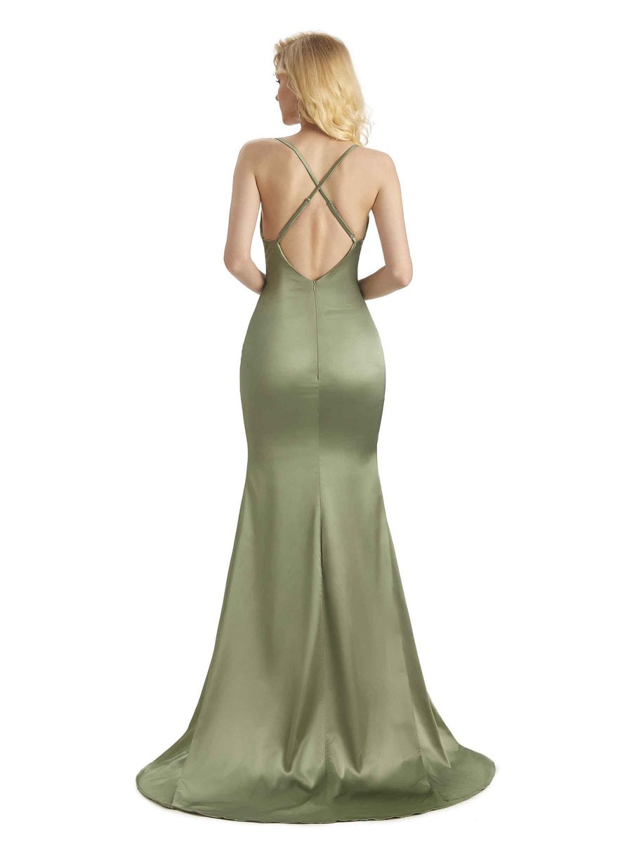 Elegant Soft Satin Cowl Neck Criss Cross Long Mermaid Bridesmaid Dresses Online
