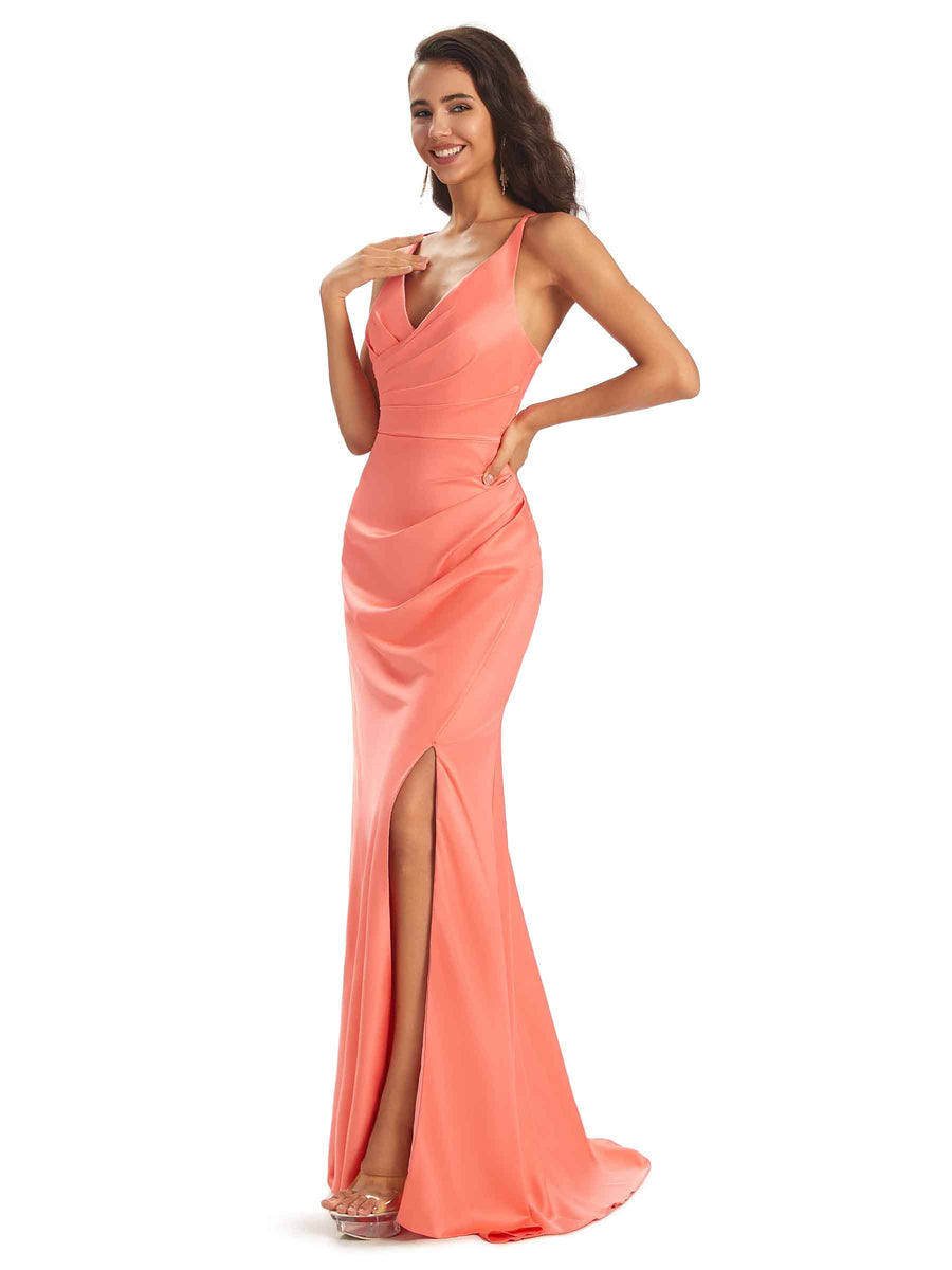 Modern Soft Satin Side Slit Spaghetti Straps V-neck Mermaid Bridesmaid Dresses