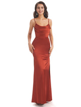 Sexy Side Slit Soft Satin Spaghetti Straps Mermaid Wedding Guest Dresses