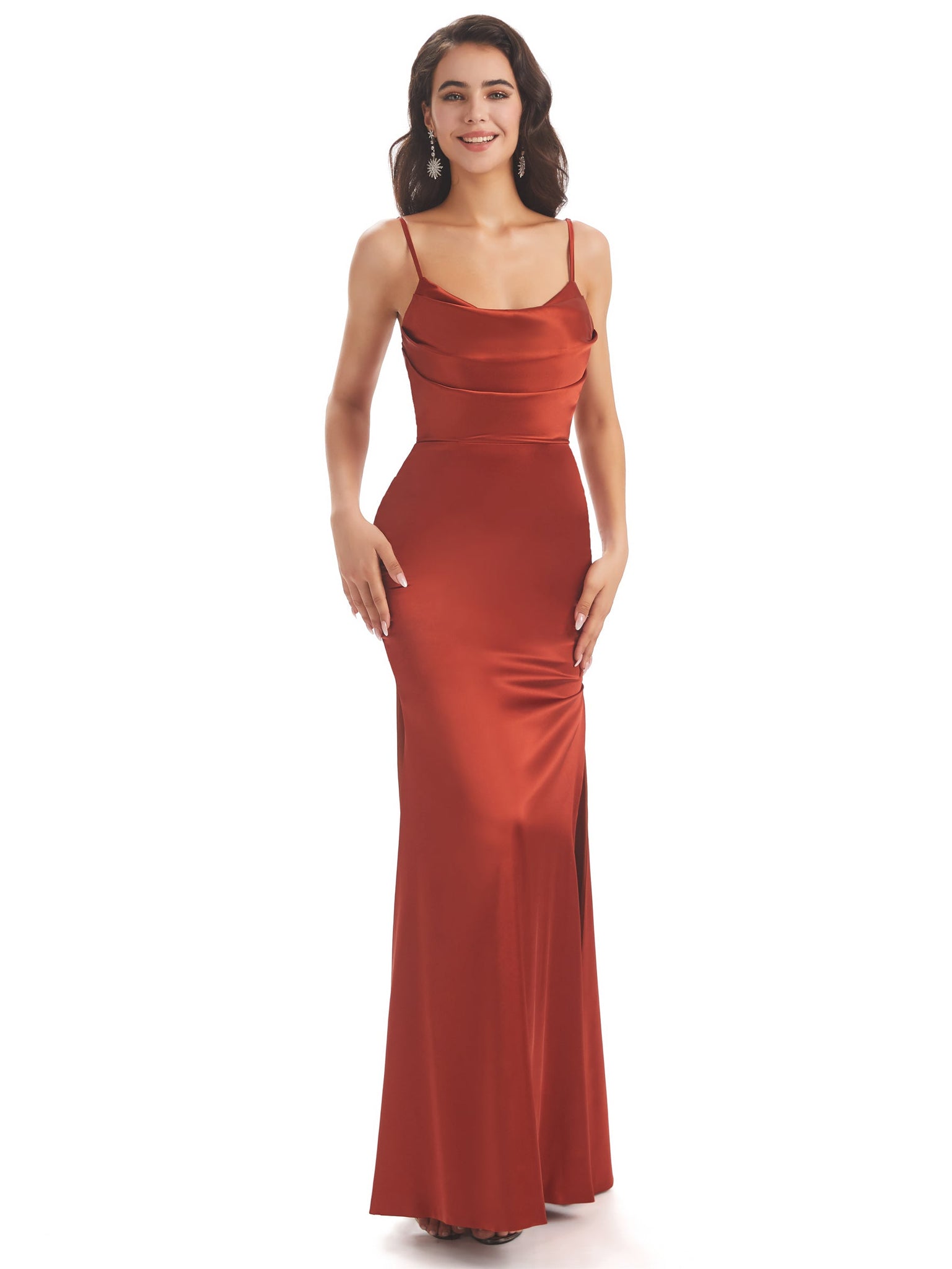 Sexy Side Slit Soft Satin Spaghetti Straps Mermaid Wedding Guest Dresses