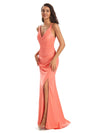 Elegant Soft Satin Side Slit Spaghetti Straps V-neck Long Mermaid Prom Dresses Online