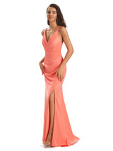 Modern Soft Satin Side Slit Spaghetti Straps V-neck Mermaid Bridesmaid Dresses