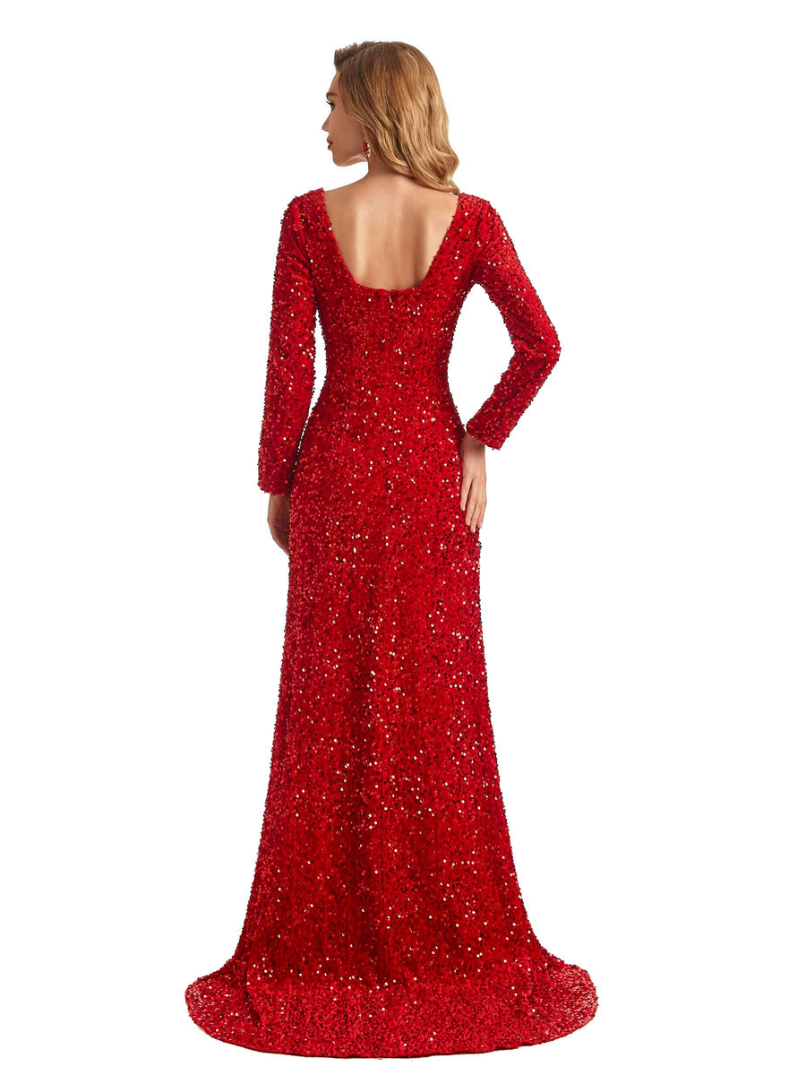 Sparkly Square Mermaid Long Sleeves Side Slit Floor-length Long Formal Prom Dresses