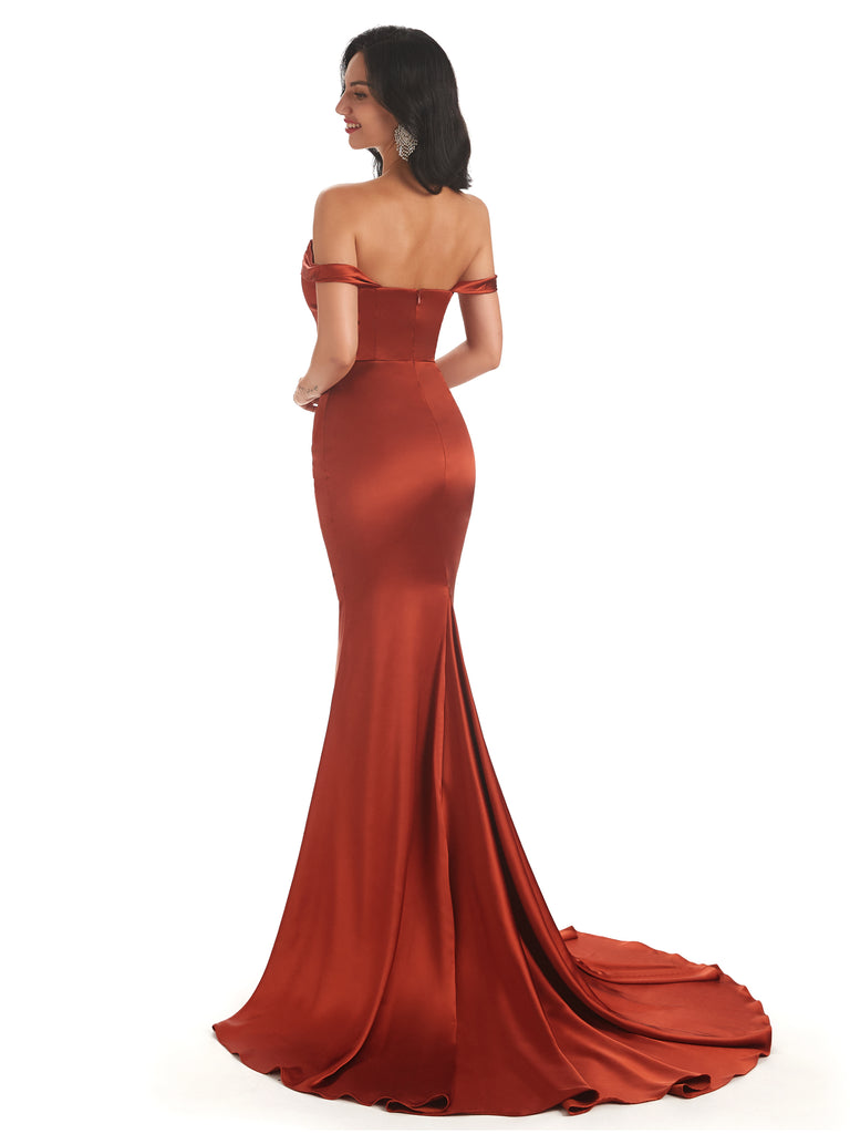 Elegant Soft Satin Off The Shoulder Floor Length Maxi Mermaid Bridesmaid Dresses Online