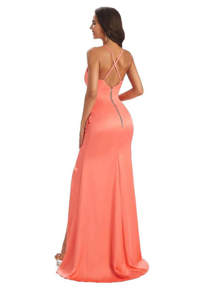 Elegant Soft Satin Side Slit Spaghetti Straps V-neck Long Mermaid Prom Dresses Online