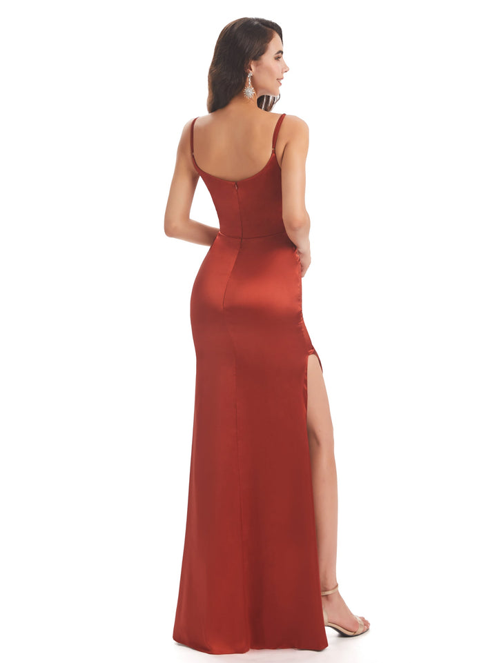 Sexy Side Slit Soft Satin Spaghetti Straps Mermaid Wedding Guest Dresses