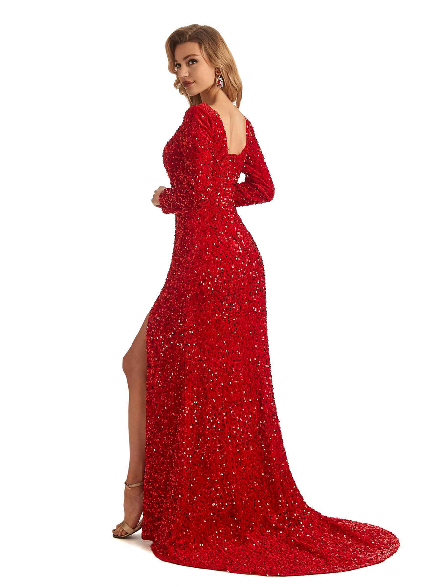 Sparkly Square Mermaid Long Sleeves Side Slit Floor-length Long Formal Prom Dresses