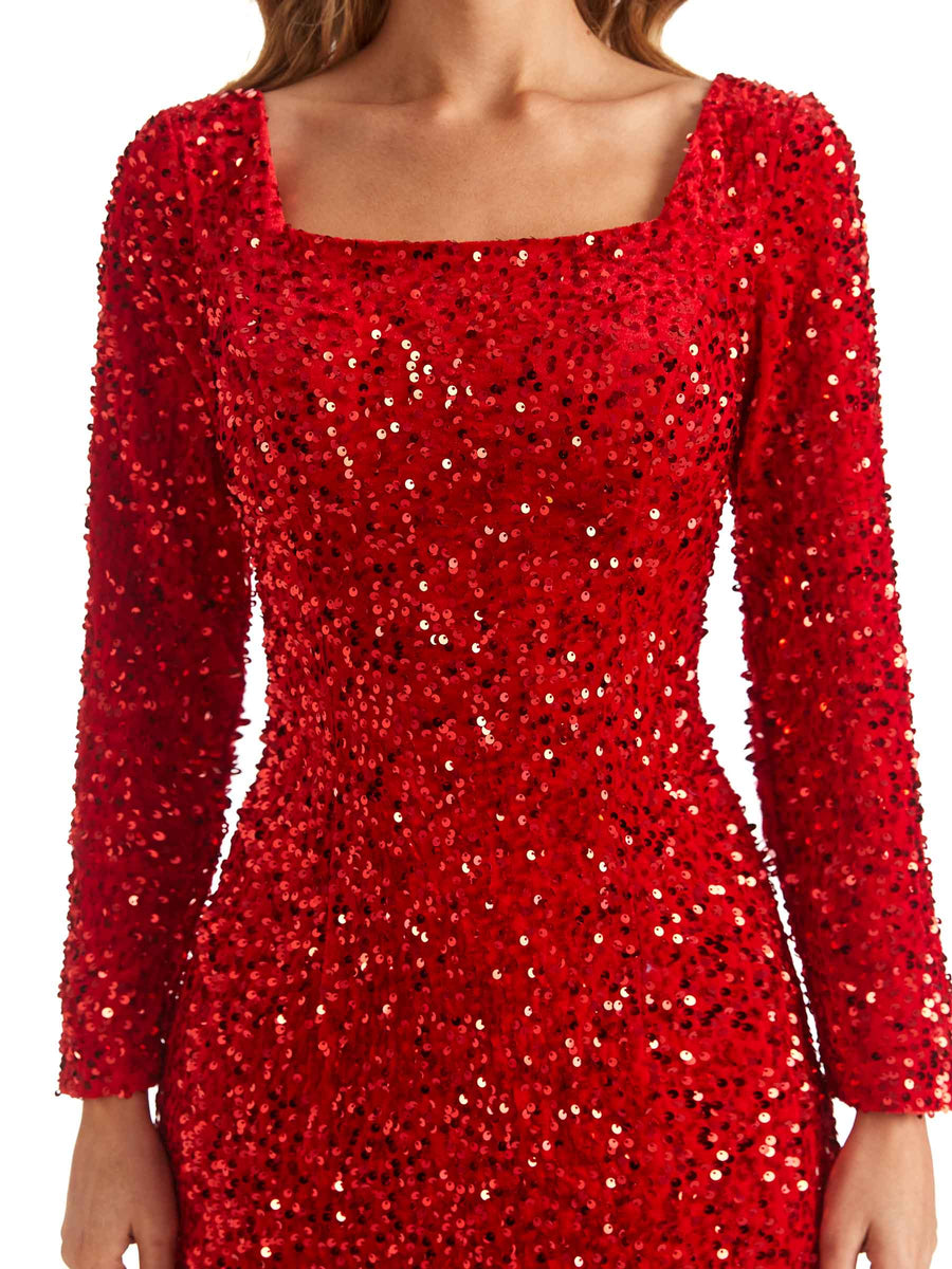 Sparkly Square Mermaid Long Sleeves Side Slit Floor-length Long Formal Prom Dresses