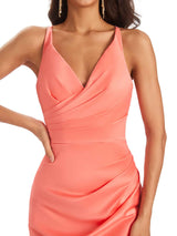 Modern Soft Satin Side Slit Spaghetti Straps V-neck Mermaid Bridesmaid Dresses