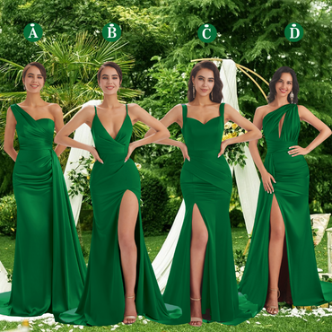 Mismatched Green Sexy Side Slit Mermaid Soft Satin Long Bridesmaid Dresses Online