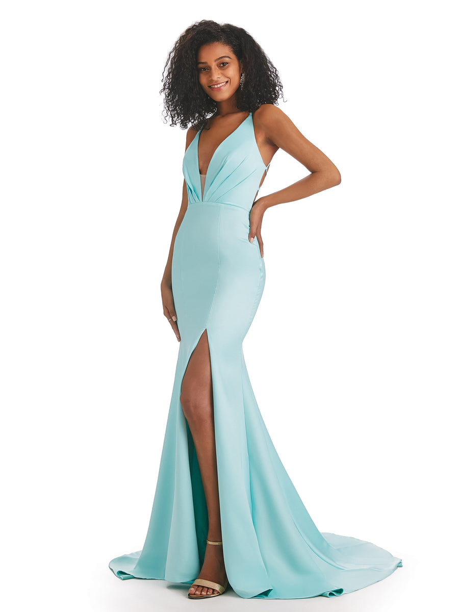 Sexy V-neck Mermaid Side Slit Backless Soft Satin Long African Bridesmaid Dresses