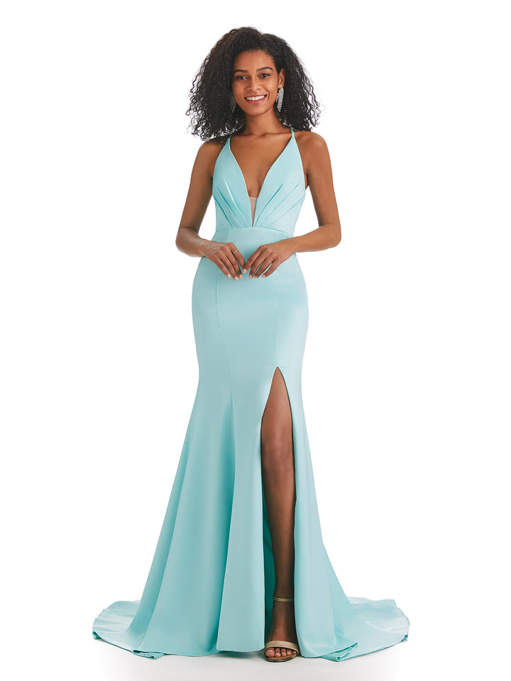 Sexy V-neck Mermaid Side Slit Backless Soft Satin Long African Bridesmaid Dresses