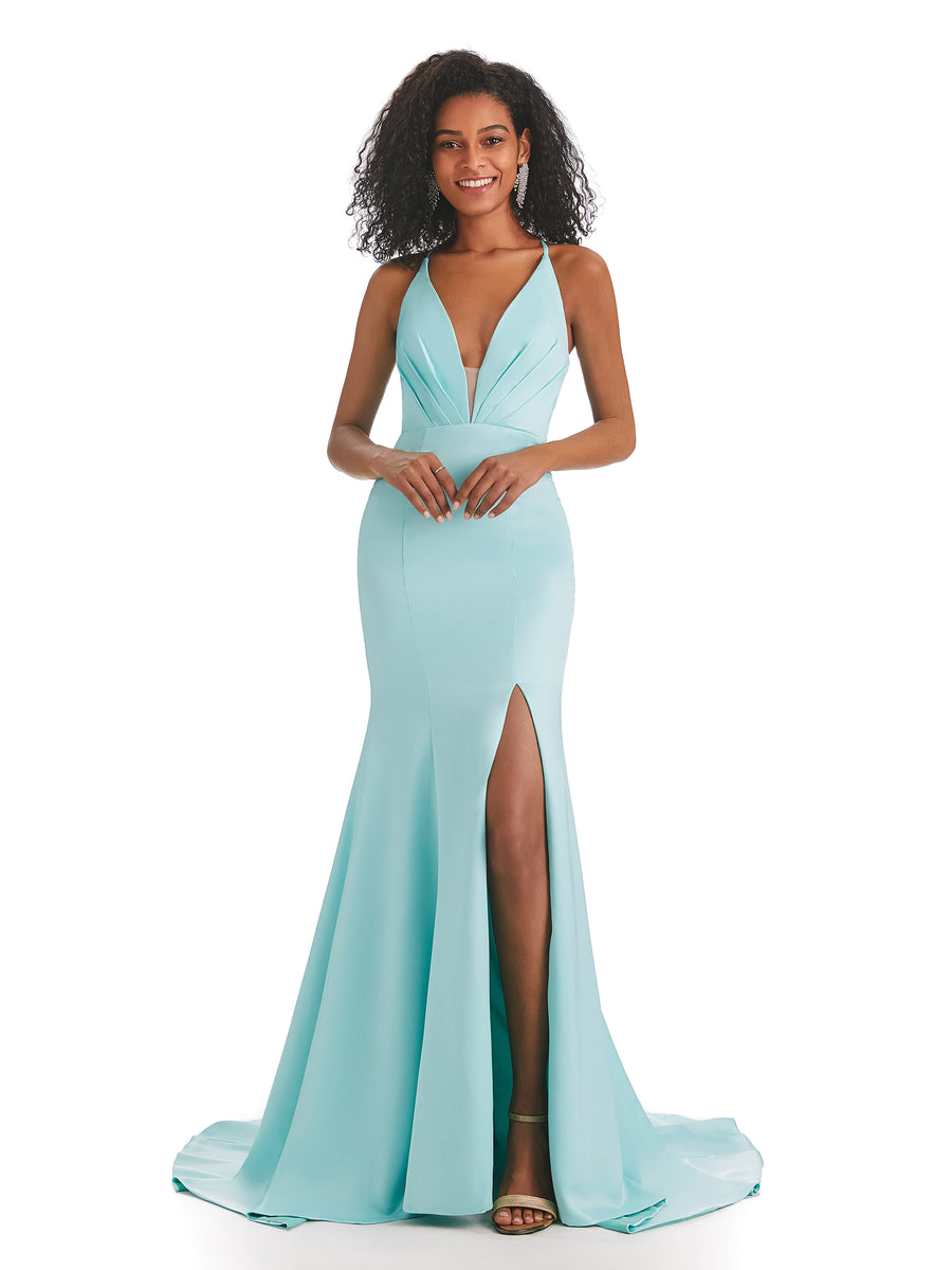 Sexy V-neck Mermaid Side Slit Backless Soft Satin Long African Bridesmaid Dresses