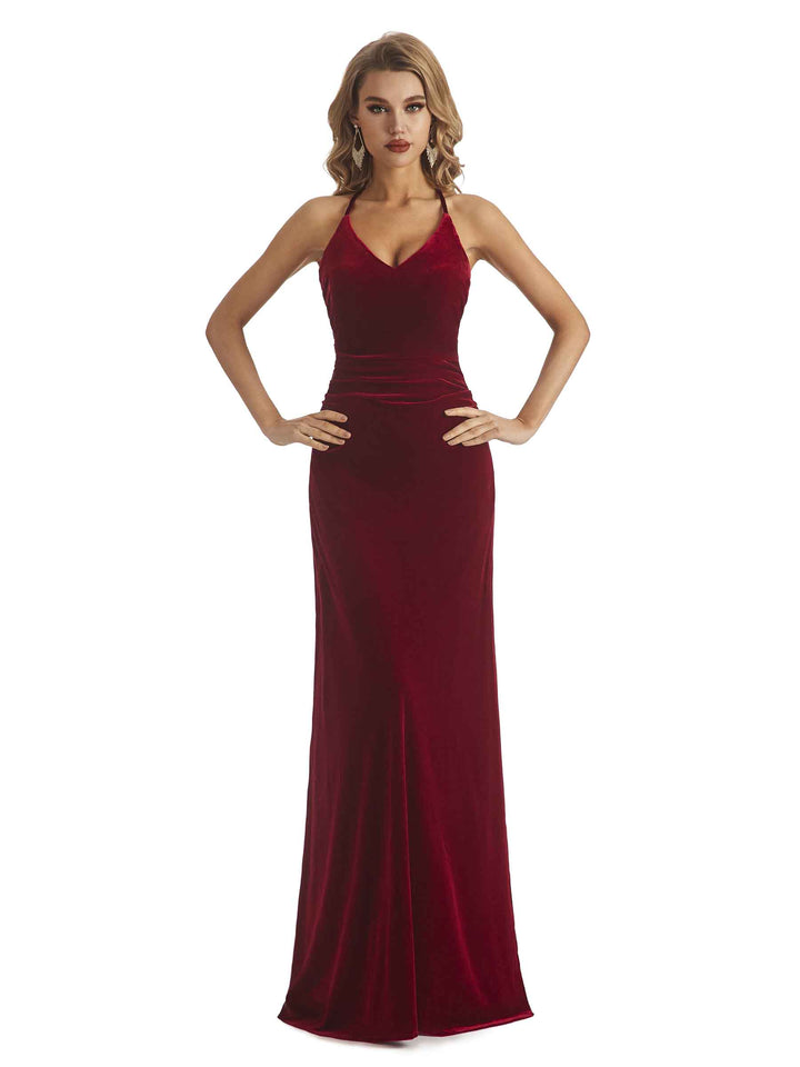 Elegant Mermaid V-neck Halter Velvet Long Party Wedding Guest Dresses