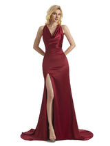 Sexy Cowl Neck Soft Satin Side Slit Criss Cross Long Mermaid Formal Prom Dresses