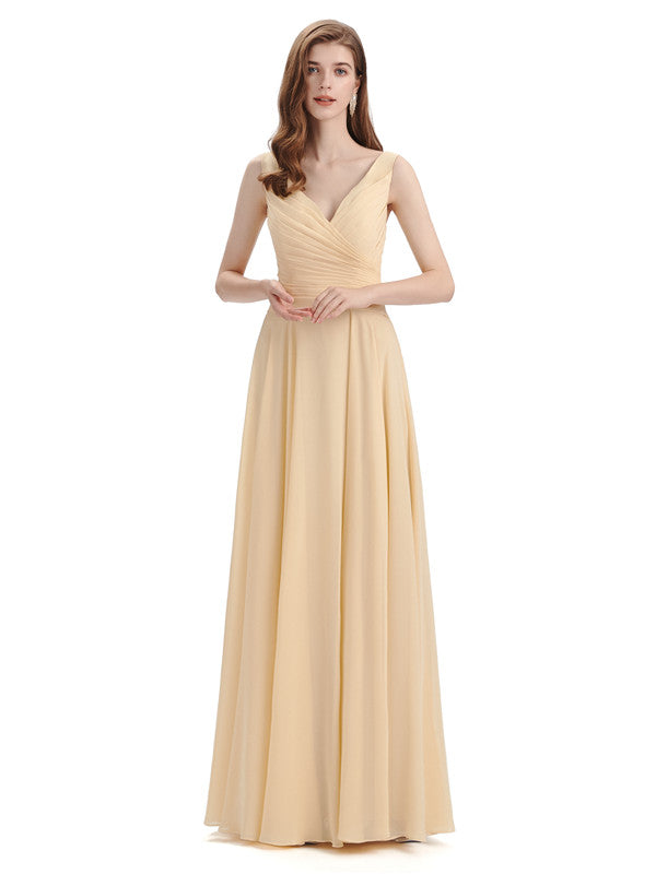 Simple V-neck Chiffon Floor-Length Long Bridesmaid Dresses