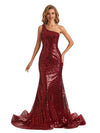 Sparkly Burgundy Sequin Mermaid One Shoulder Long Party Prom Dresses