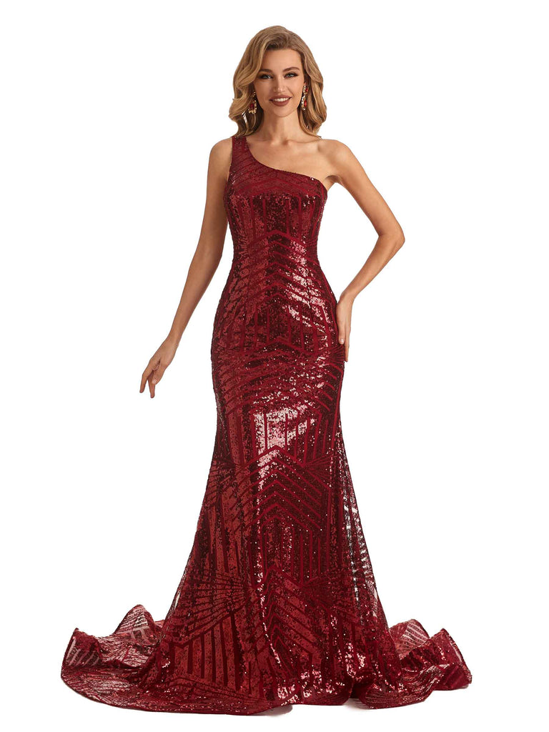 Sparkly Burgundy Sequin Mermaid One Shoulder Long Party Prom Dresses - ChicSew Sparkly Burgundy Sequin Mermaid One Shoulder Long Party Prom Dresses - ChicSew