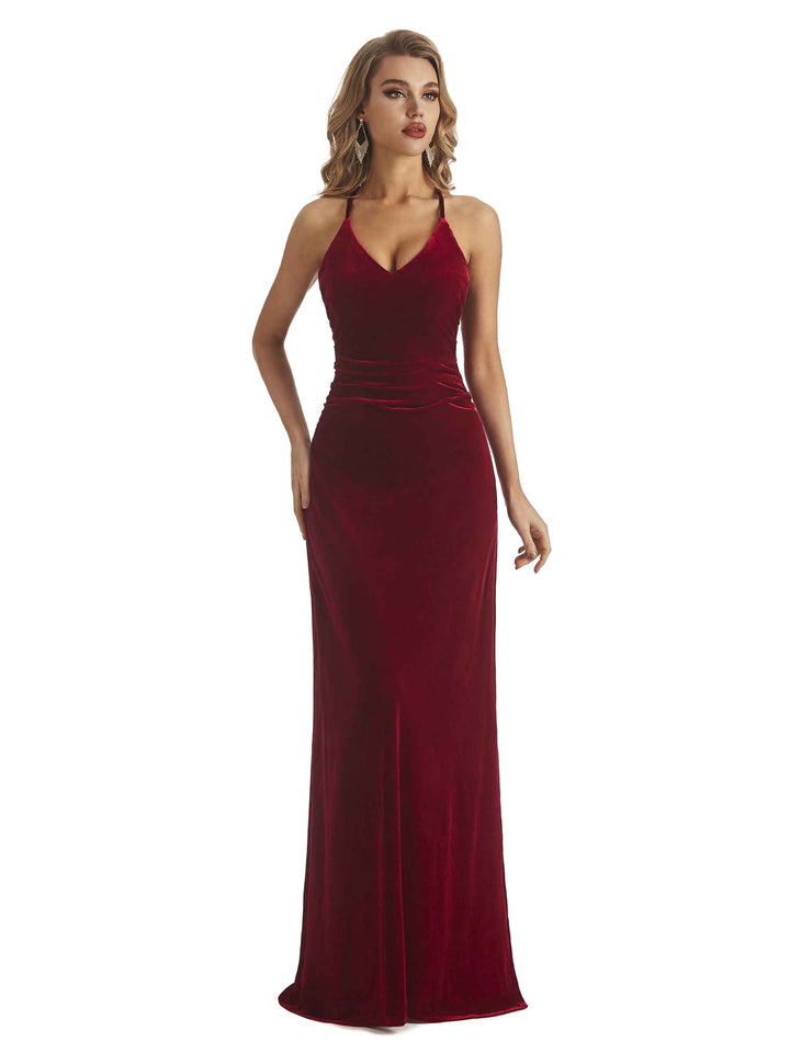 Elegant Mermaid V-neck Halter Velvet Long Party Wedding Guest Dresses