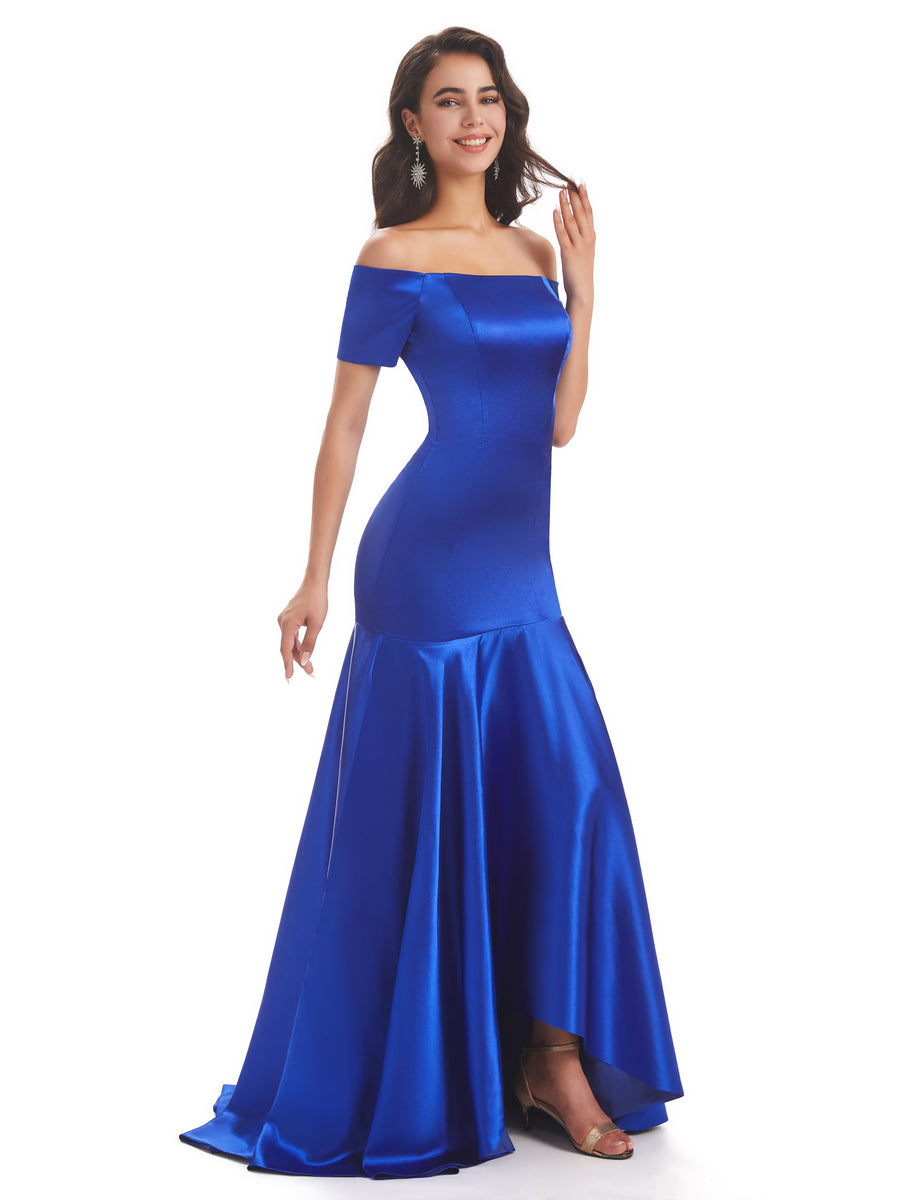 Elegant Soft Satin Mermaid Off The Shoulder High Low Satin Dresses