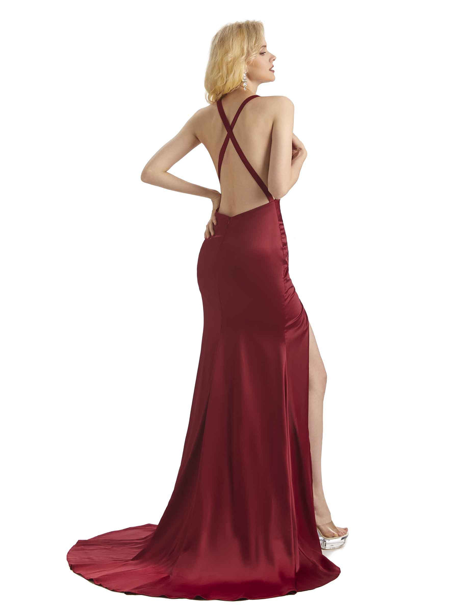 Sexy Cowl Neck Soft Satin Side Slit Unique Long African Mermaid Bridesmaid Dresses