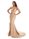 Elegant Satin Spaghetti Straps V-Neck Middle Slit Long Sexy Wedding Guest Dresses