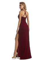 Elegant Mermaid V-neck Halter Velvet Long Party Wedding Guest Dresses