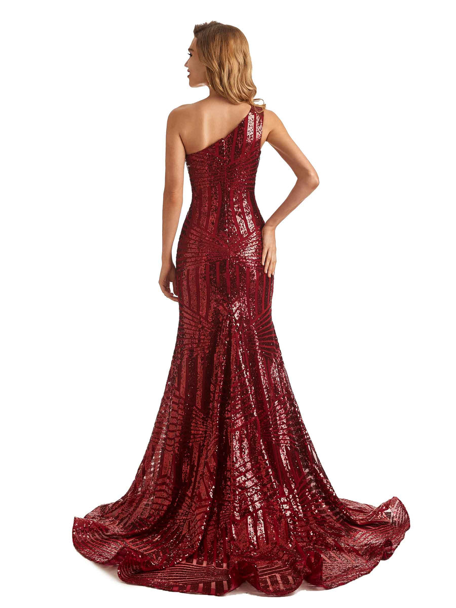 Sparkly Burgundy Sequin Mermaid One Shoulder Long Party Prom Dresses