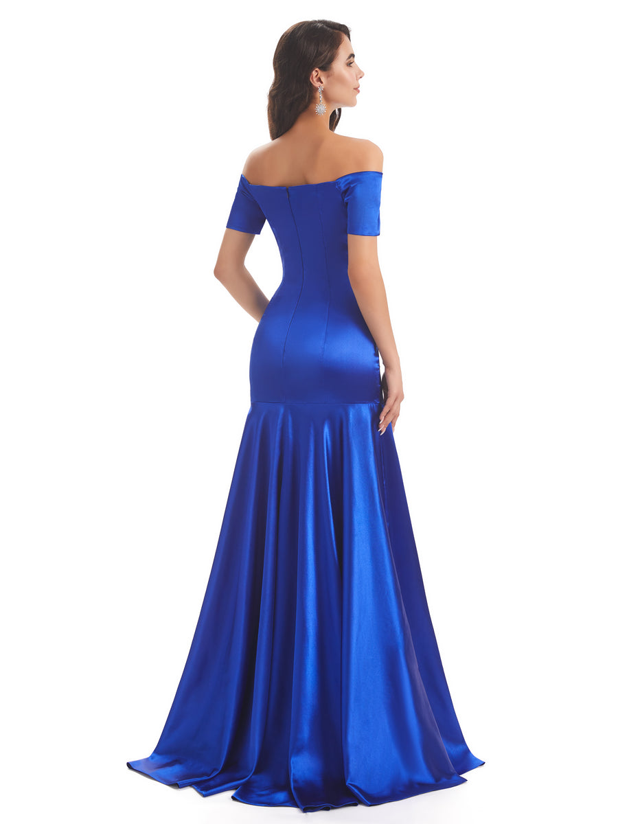 Elegant Soft Satin Mermaid Off The Shoulder High Low Satin Dresses