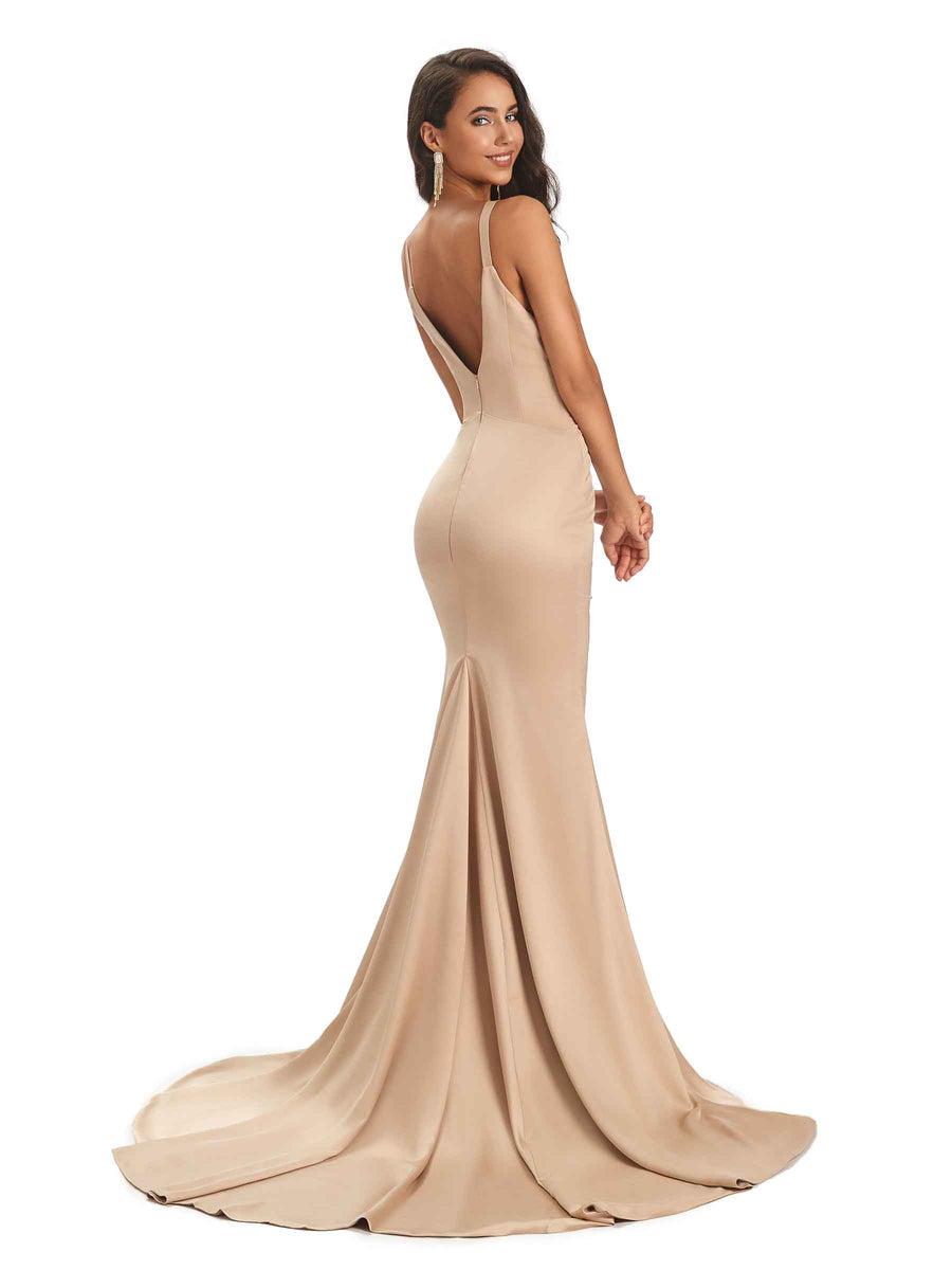 Elegant Soft Satin Spaghetti Straps V-Neck Middle Slit Unique Mermaid Bridesmaid Dresses