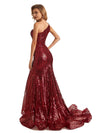 Sparkly Burgundy Sequin Mermaid One Shoulder Long Party Prom Dresses