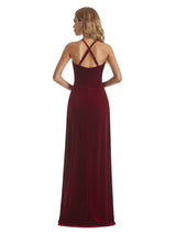 Elegant Mermaid V-neck Halter Velvet Long Party Wedding Guest Dresses