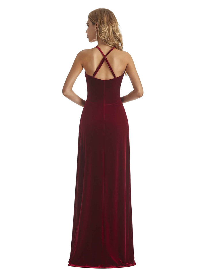 Elegant Mermaid V-neck Halter Velvet Long Party Wedding Guest Dresses