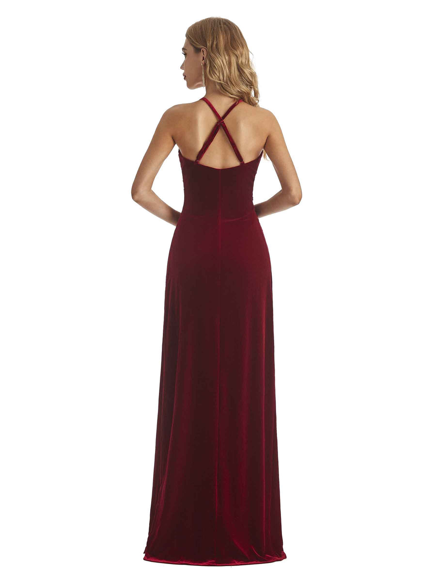 Elegant Mermaid V-neck Halter Velvet Long Wedding Party Dresses Online