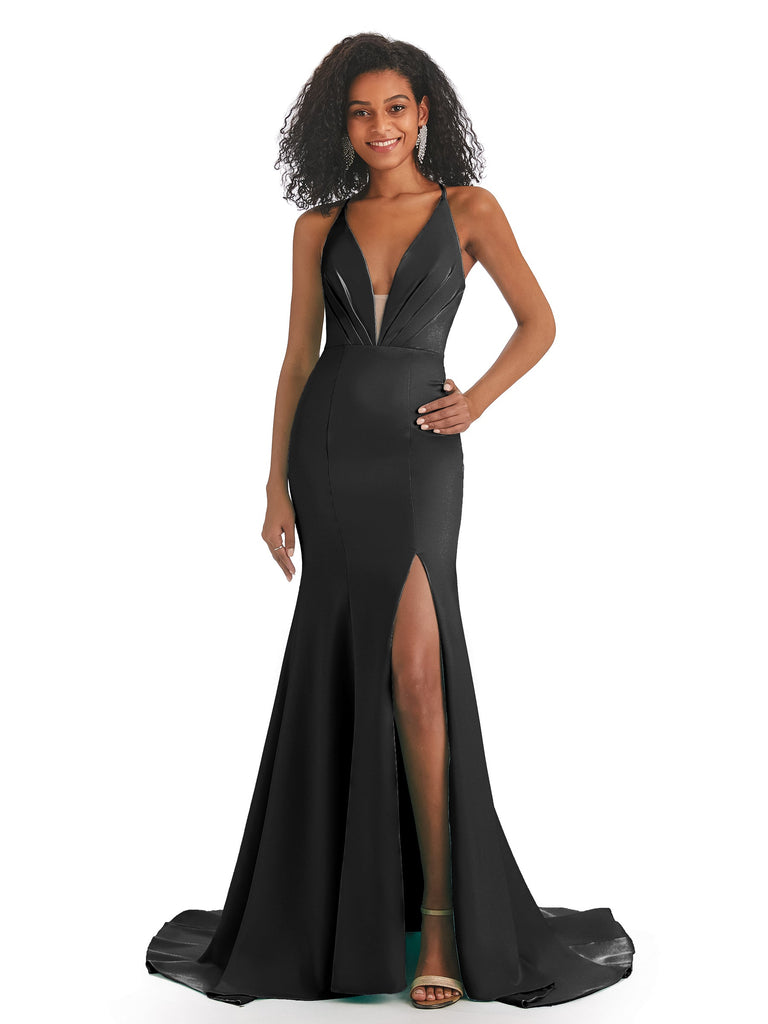 Black Satin Sexy Side Slit Empire Waist V-neck Prom Dress - Lunss