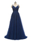 Navy Blue Lace A-line Spaghetti Straps V-neck Floor-length Long Party Prom Dresses