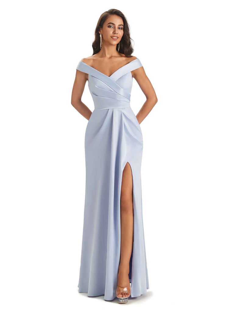 Sexy Off Shoulder Satin Long Wedding Bridesmaid Dresses With Slit Online For Sale