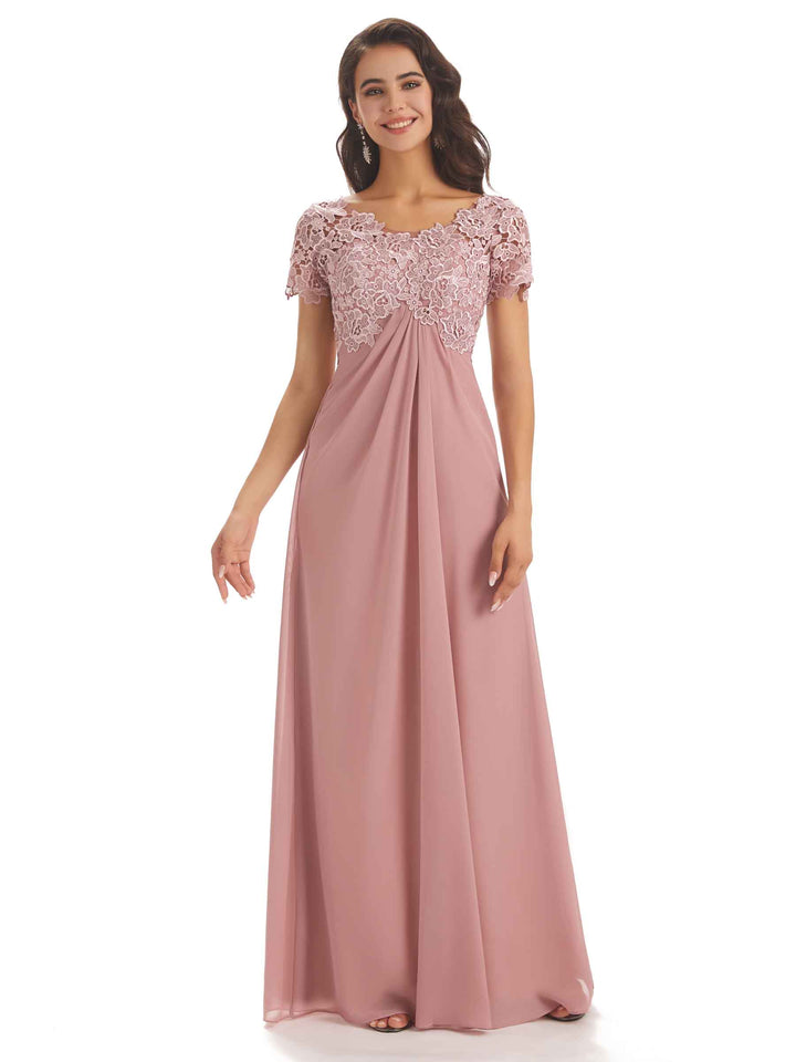 Elegant Chiffon Short Sleeves Lace Applique Floor-Length A-line Mother Of The Groom Dresses