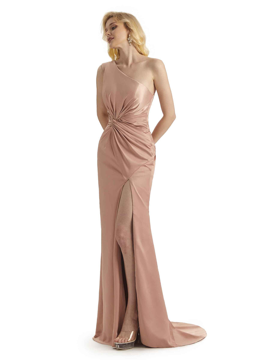 Sexy Soft Satin Side Slit One Shoulder Long Mermaid Bridesmaid Dresses Online